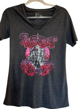 Disney Black V-Neck 'Beauty and the Beast' Castle Graphic Tee women’s XS V Neck